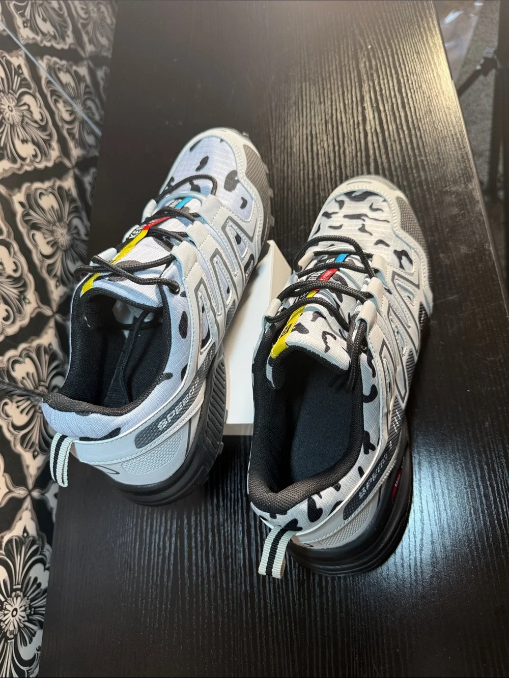 Men's Athletic Hiking Trail Shoes in White and Black Camouflage -
